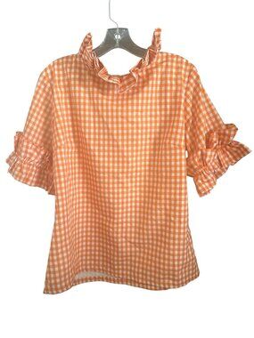 Orange Gingham Ruffle Neck Top With Tiered Sleeves By Elizabeth Wilson XL
